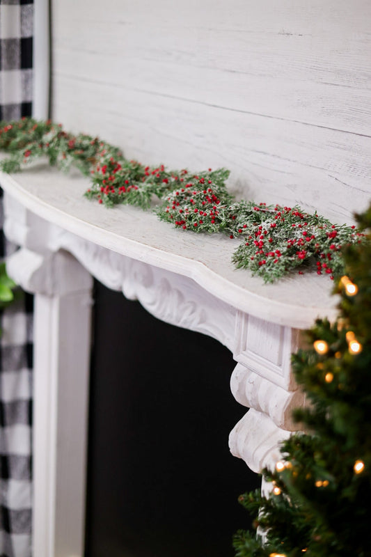 Frosted Cedar and Red Berries 5' Garland - Whiskey Skies - SULLIVANS