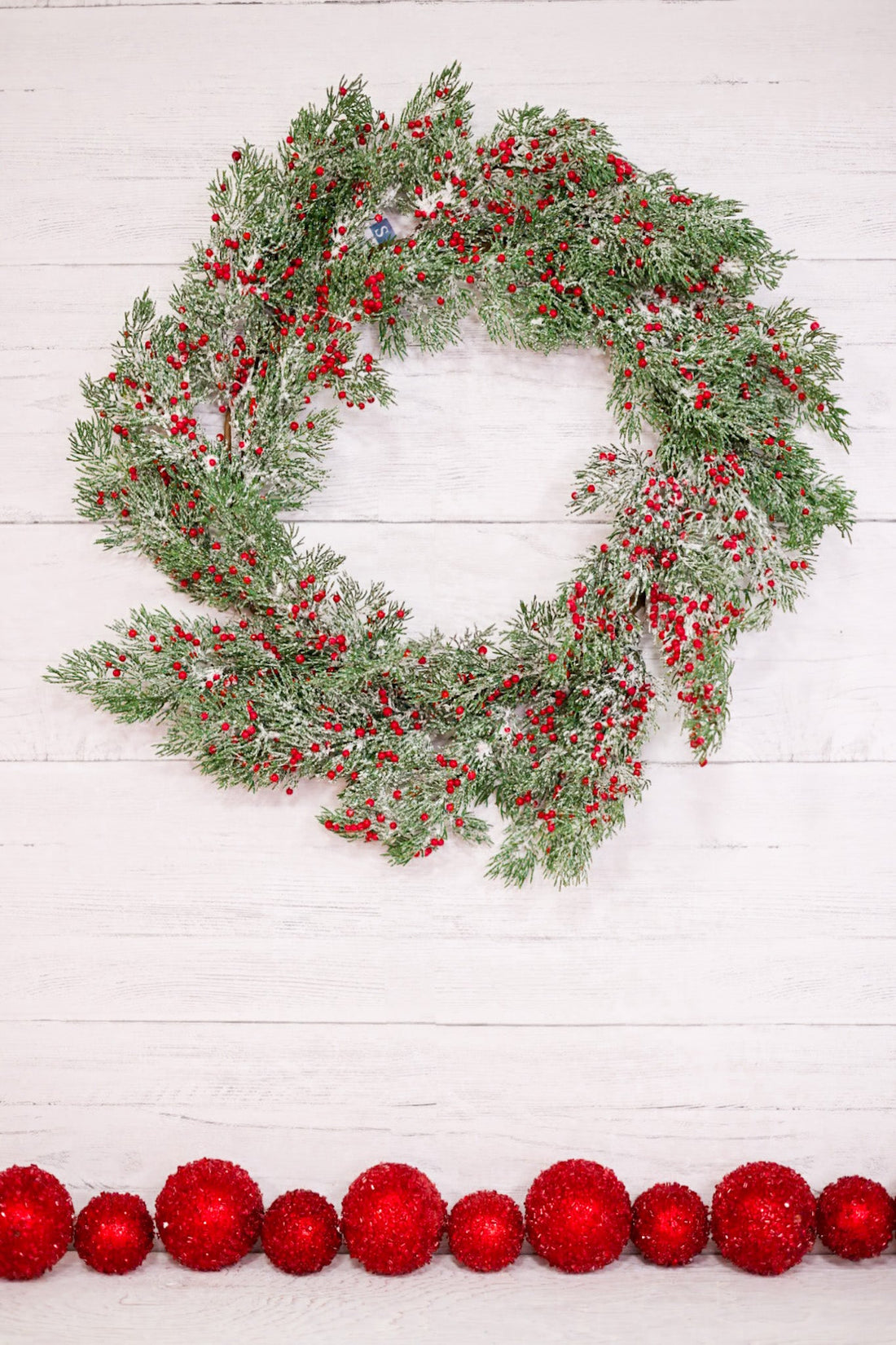 Frosted Cedar and Red Berries Wreath - Whiskey Skies - SULLIVANS