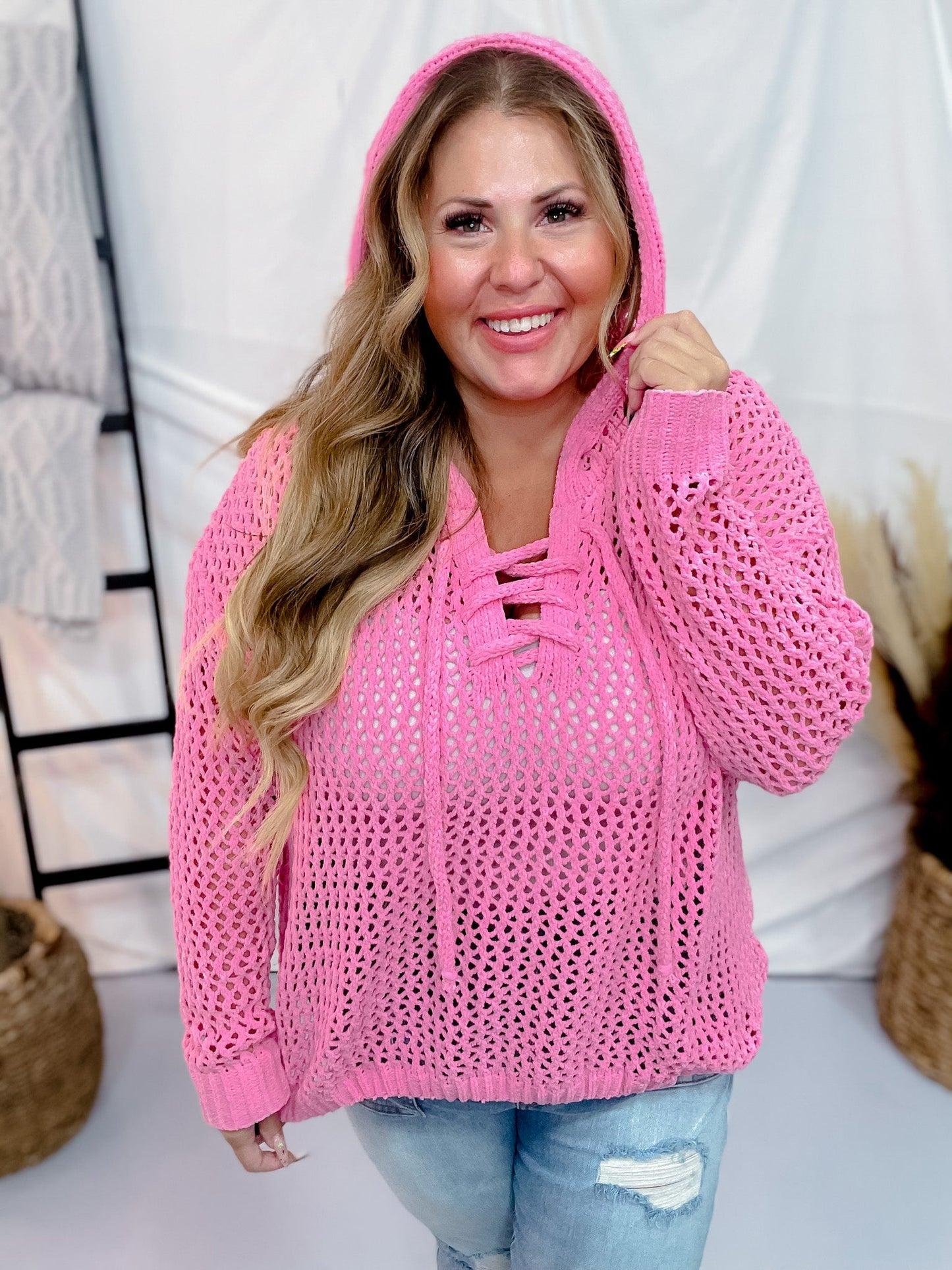 Fuchsia Crochet Knit Cross Strap Hoodie - Whiskey Skies - BIBI