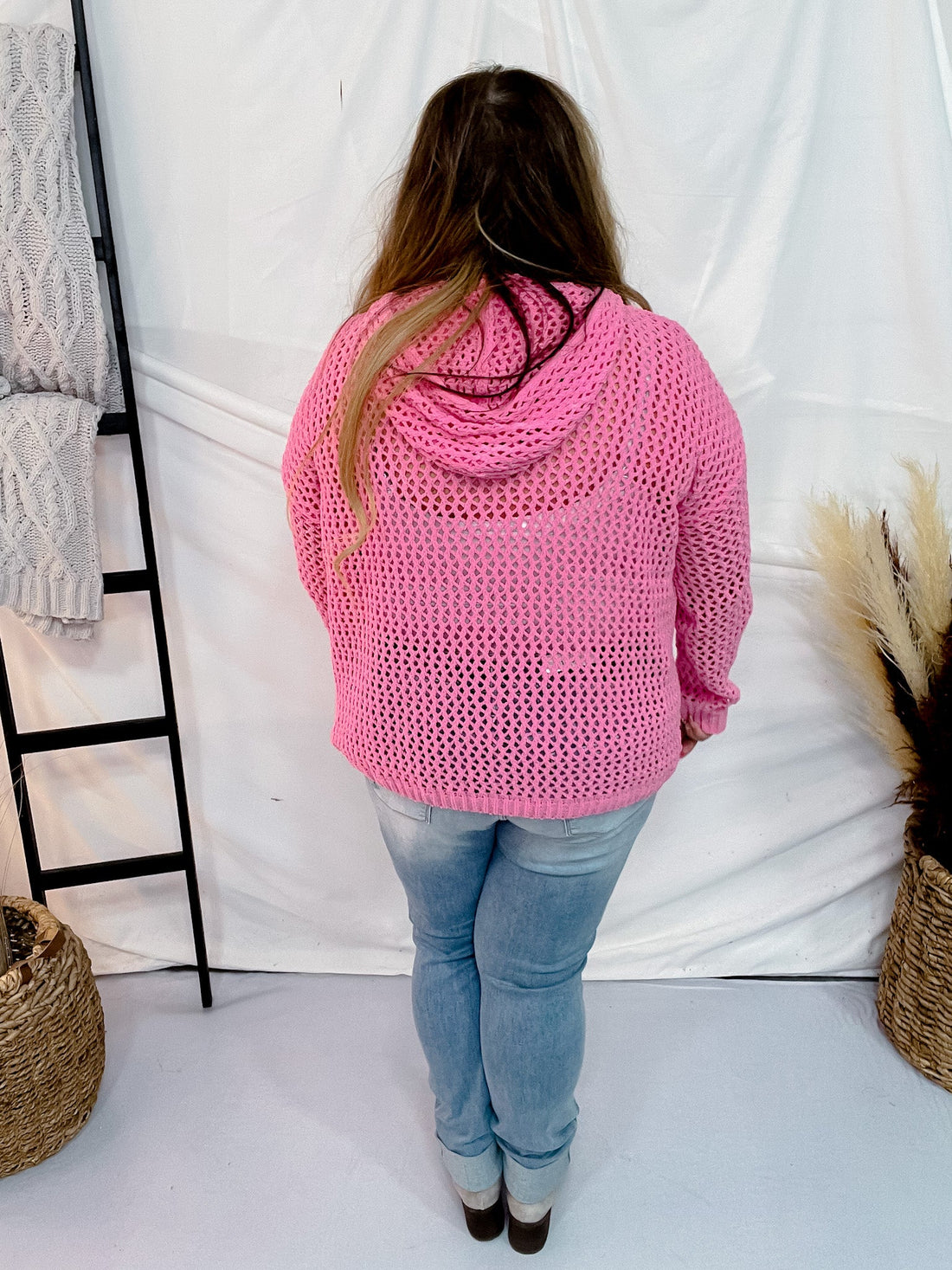 Fuchsia Crochet Knit Cross Strap Hoodie - Whiskey Skies - BIBI