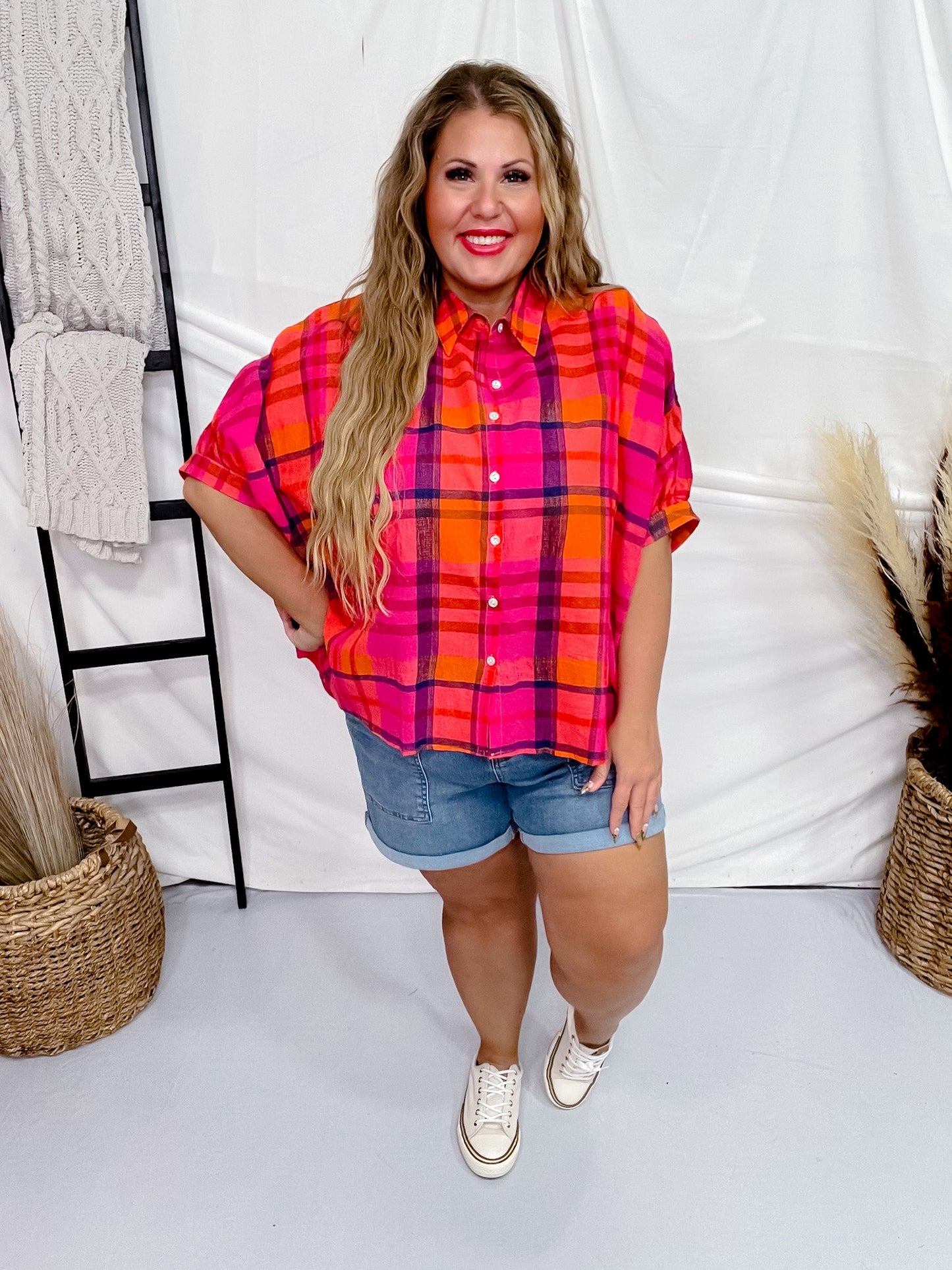 Fuchsia Dolman Sleeve Vintage Plaid Button Front Top - Whiskey Skies - BIBI