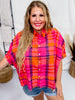 Fuchsia Dolman Sleeve Vintage Plaid Button Front Top - Whiskey Skies - BIBI