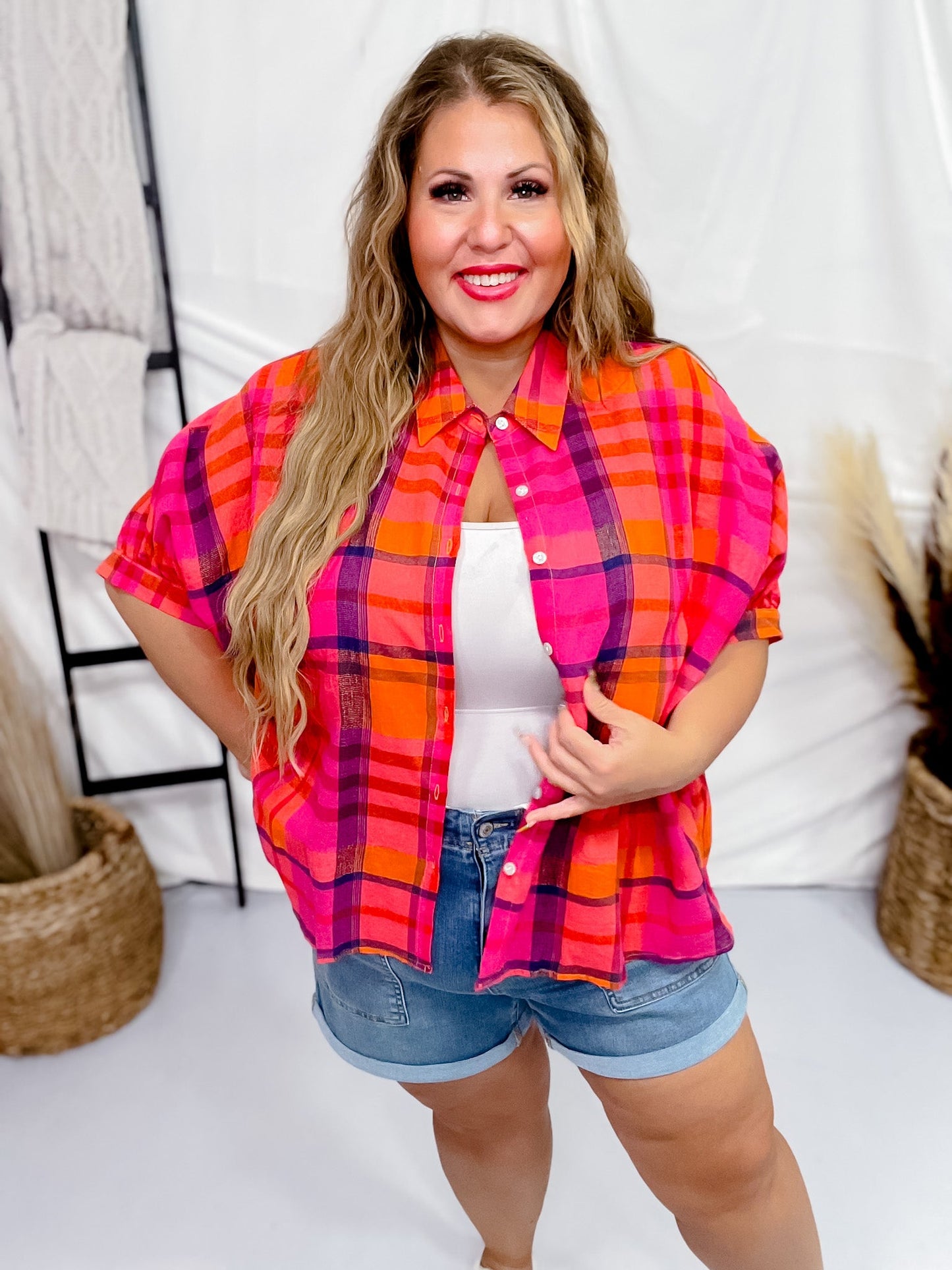 Fuchsia Dolman Sleeve Vintage Plaid Button Front Top - Whiskey Skies - BIBI