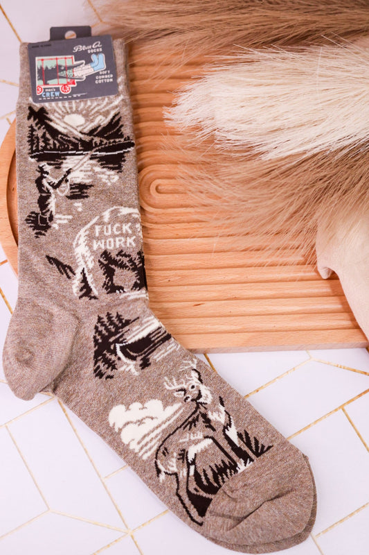 "Fuck Work" Men's Crew Socks - Whiskey Skies - BLUE Q