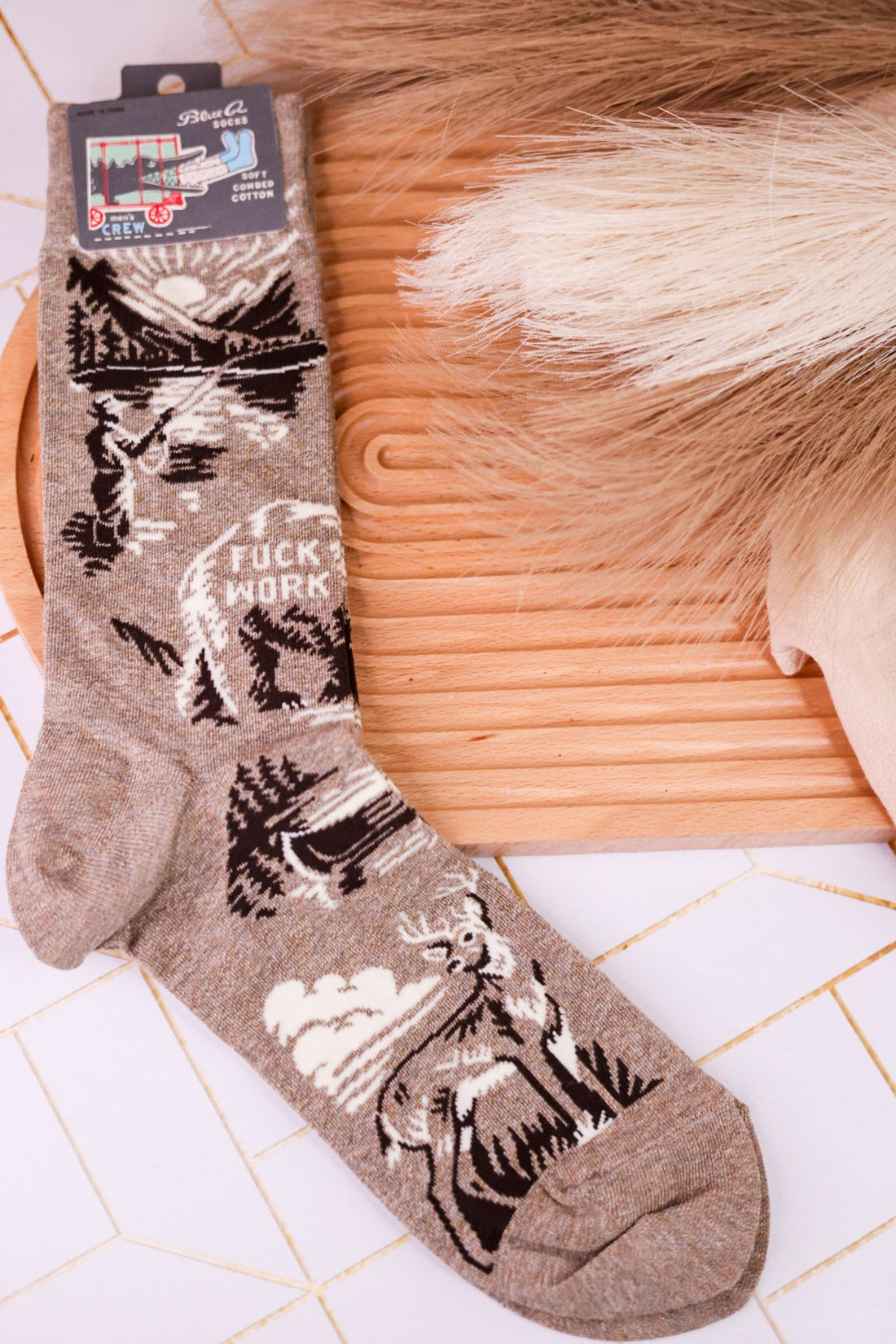 "Fuck Work" Men's Crew Socks - Whiskey Skies - BLUE Q