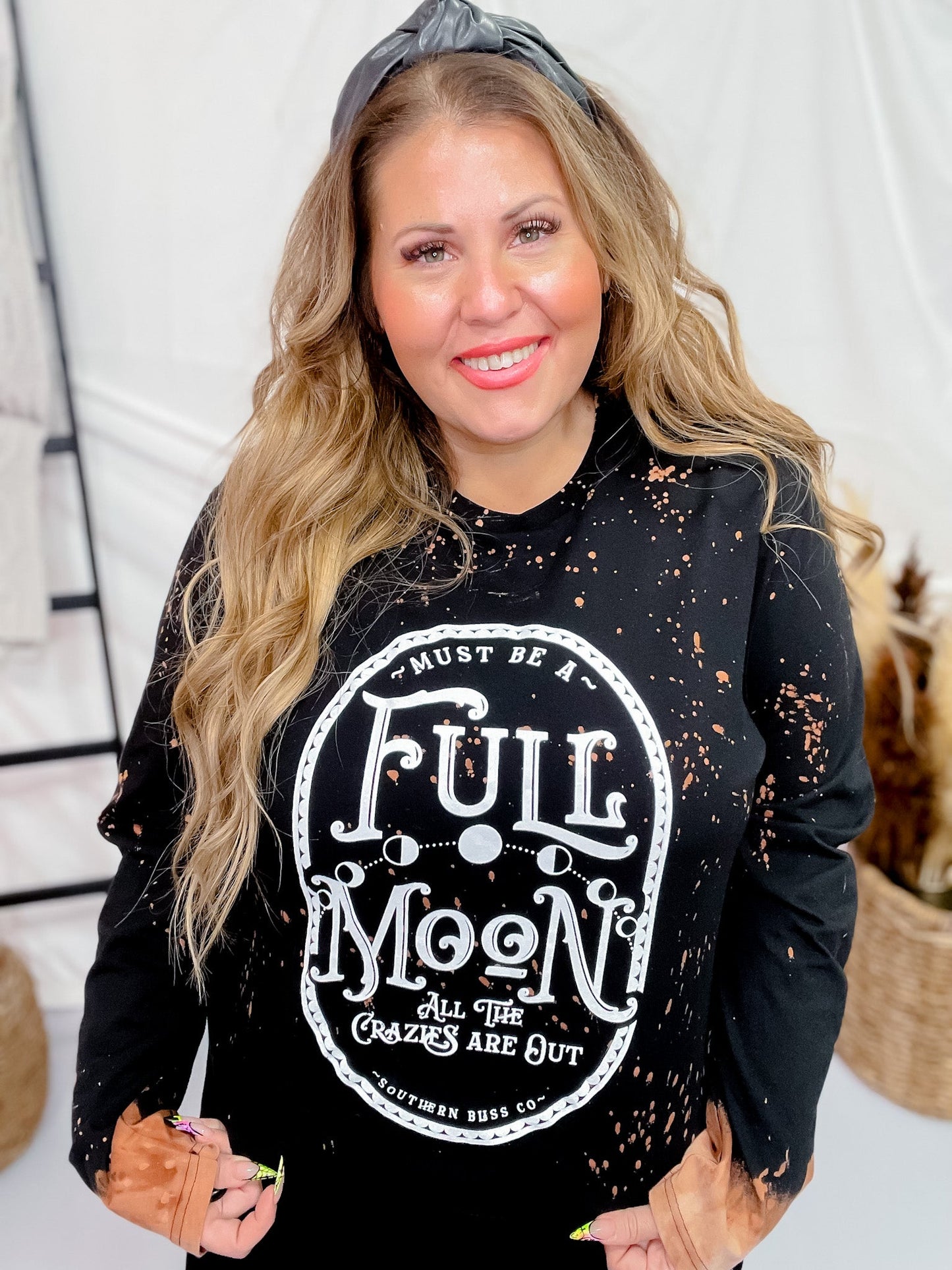 Full Moon Long Sleeve Bleached Graphic Top - Whiskey Skies - SOUTHERN BLISS COMPANY