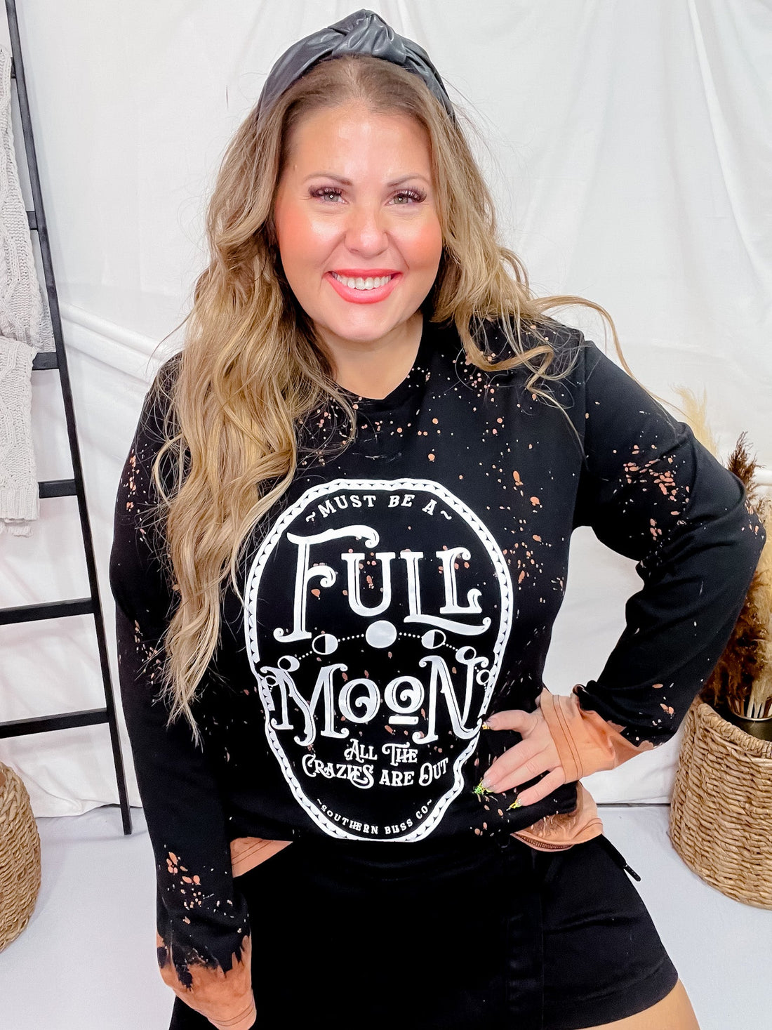 Full Moon Long Sleeve Bleached Graphic Top - Whiskey Skies - SOUTHERN BLISS COMPANY