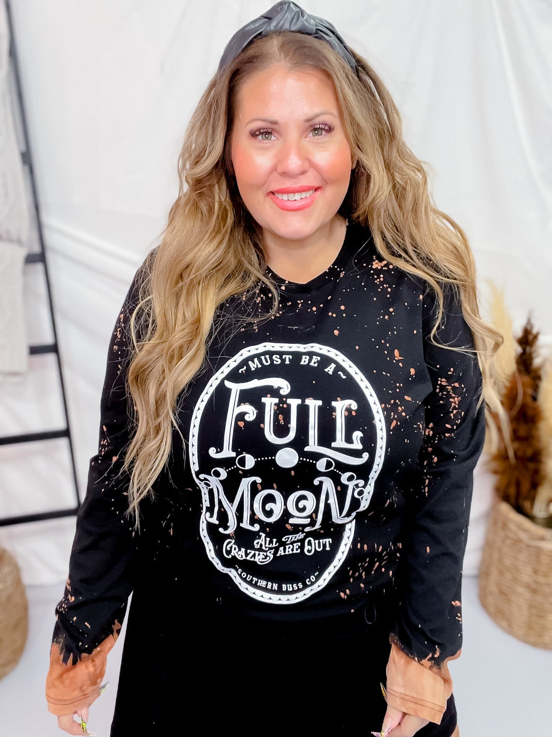 Full Moon Long Sleeve Bleached Graphic Top - Whiskey Skies - SOUTHERN BLISS COMPANY