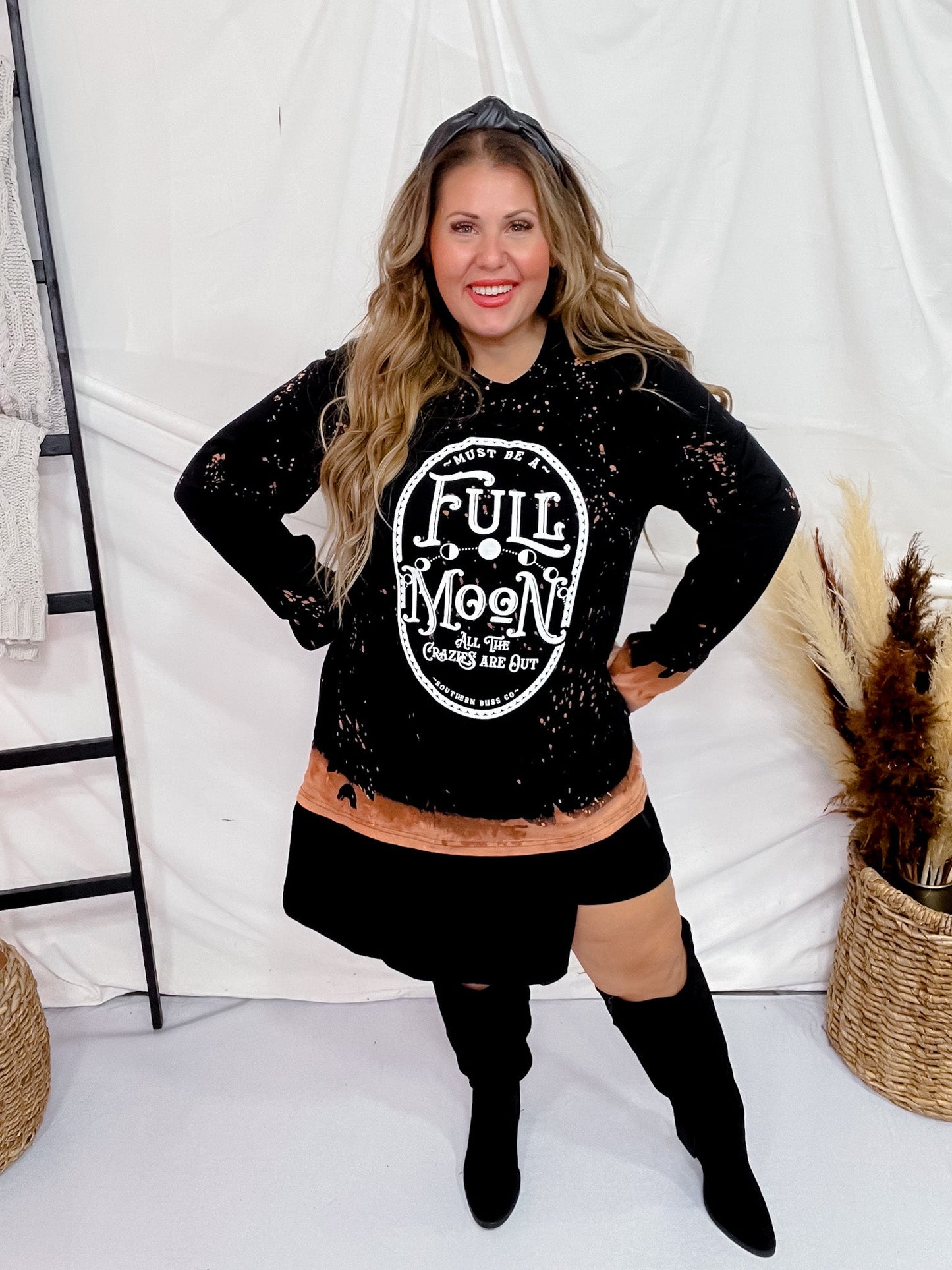 Full Moon Long Sleeve Bleached Graphic Top - Whiskey Skies - SOUTHERN BLISS COMPANY