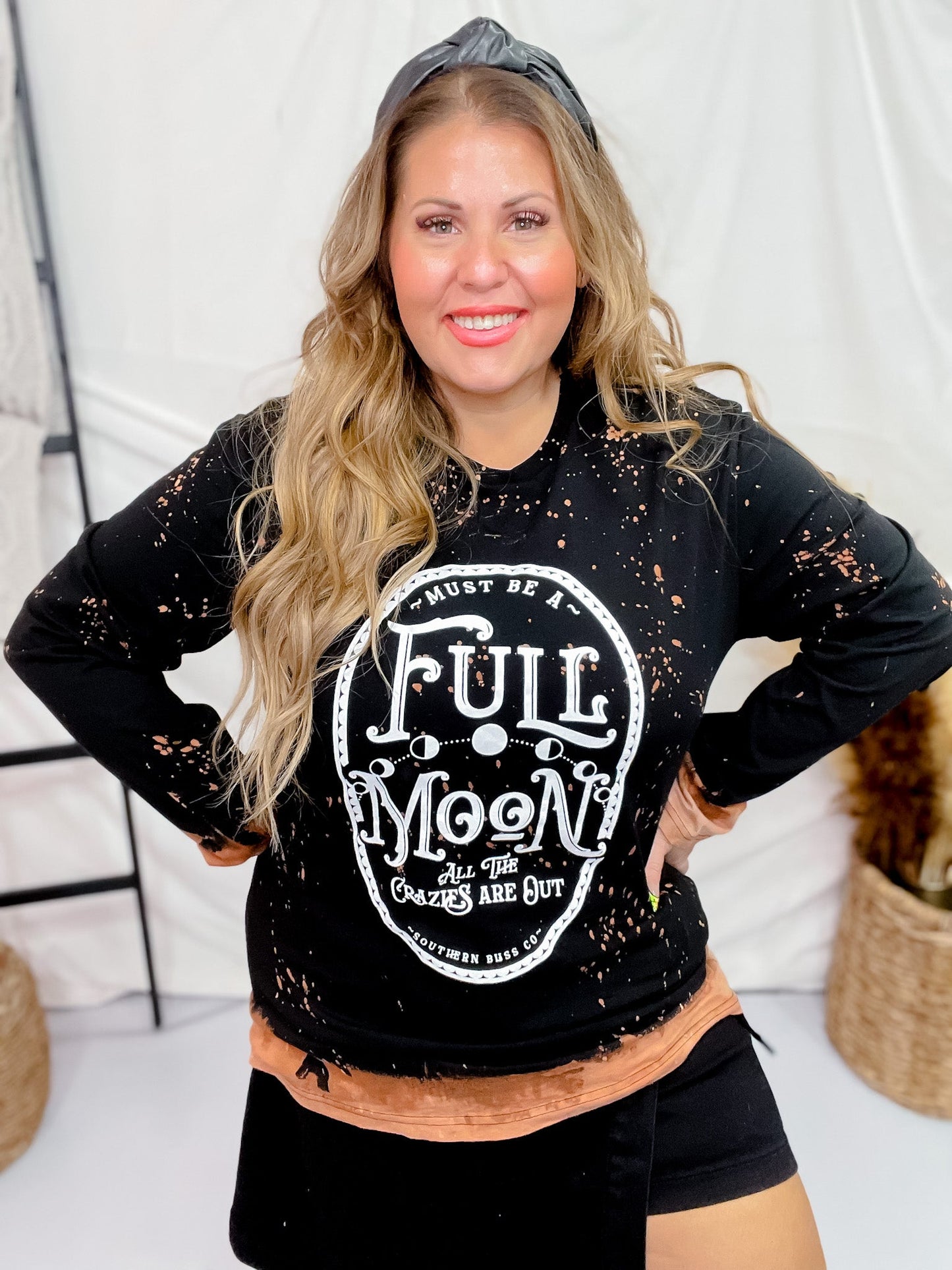 Full Moon Long Sleeve Bleached Graphic Top - Whiskey Skies - SOUTHERN BLISS COMPANY