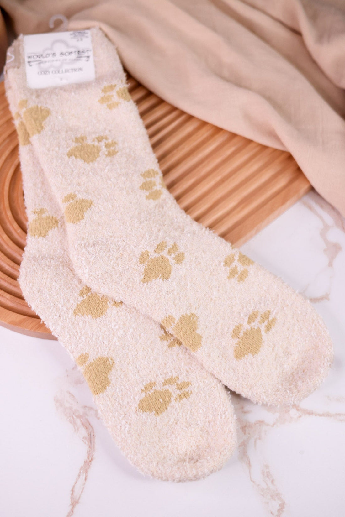 Fuzzy Crew Socks With Pawprint Pattern - Whiskey Skies - CRESCENT SOCK COMPANY