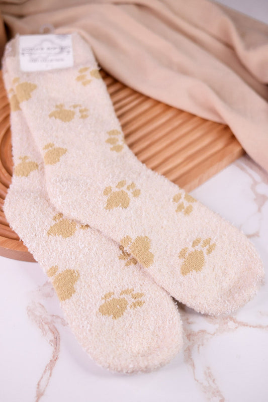 Fuzzy Crew Socks With Pawprint Pattern - Whiskey Skies - CRESCENT SOCK COMPANY