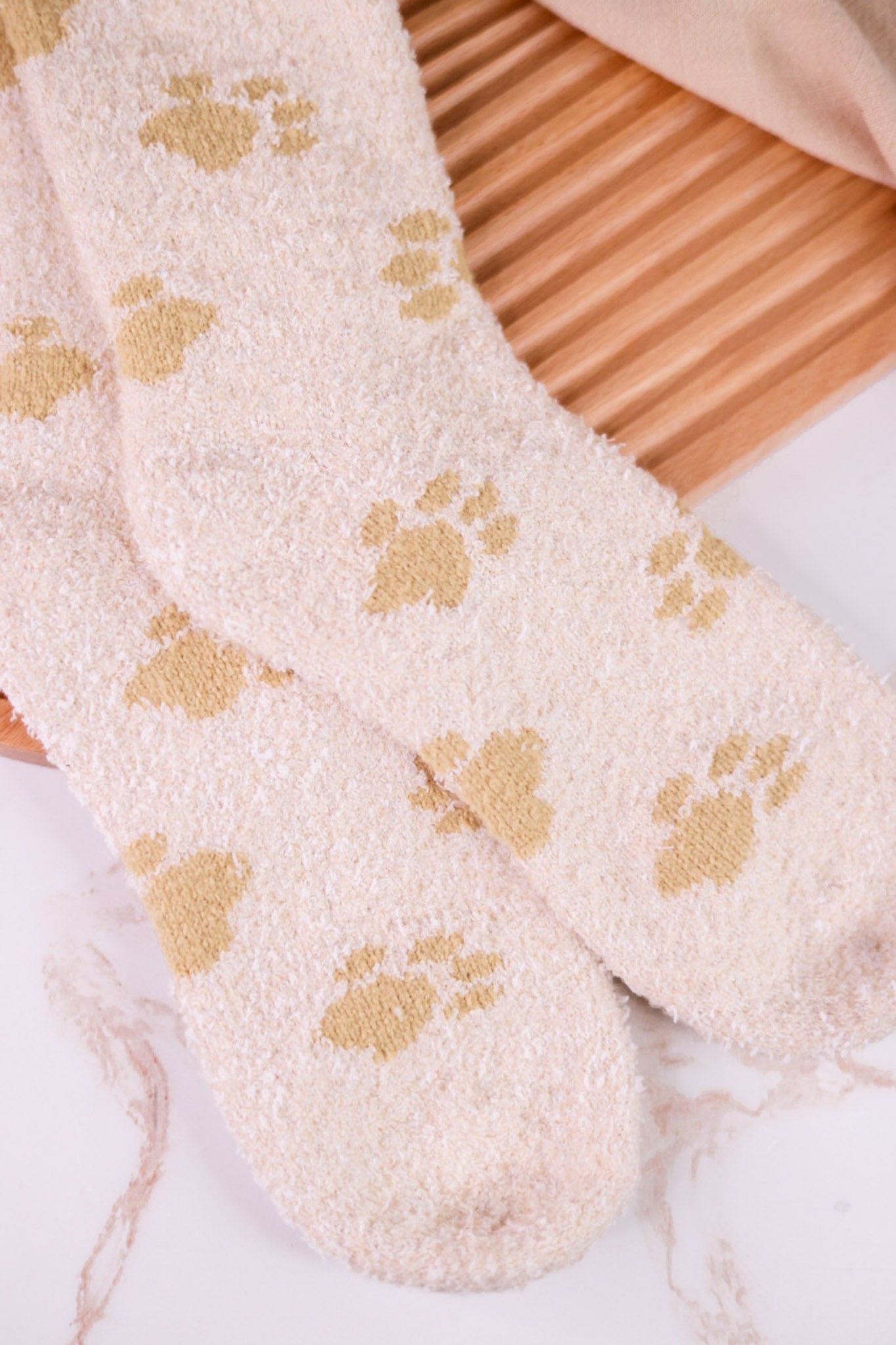 Fuzzy Crew Socks With Pawprint Pattern - Whiskey Skies - CRESCENT SOCK COMPANY