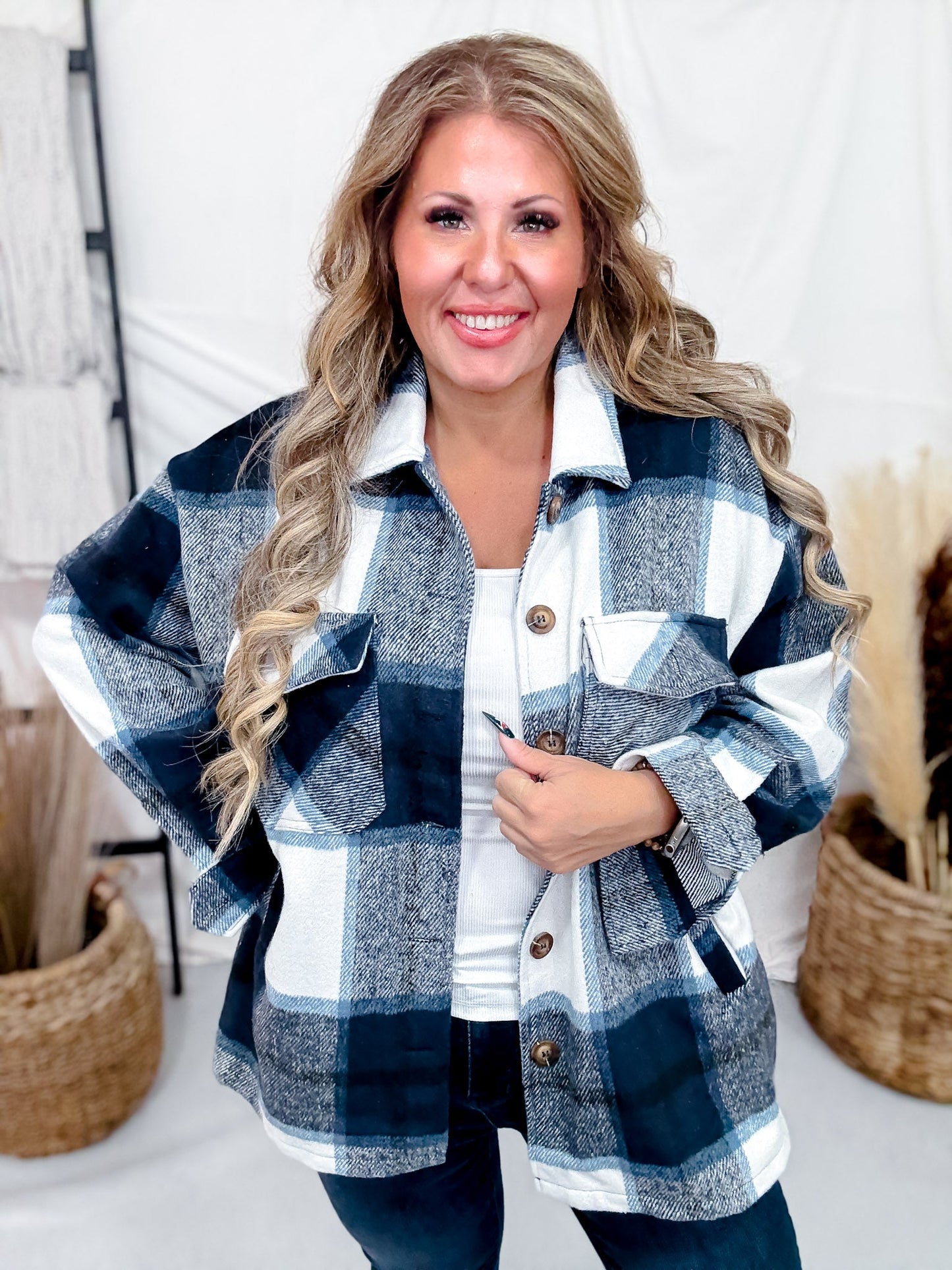 Fuzzy Navy Plaid Flannel Shacket - Whiskey Skies - SWEET GENERIS