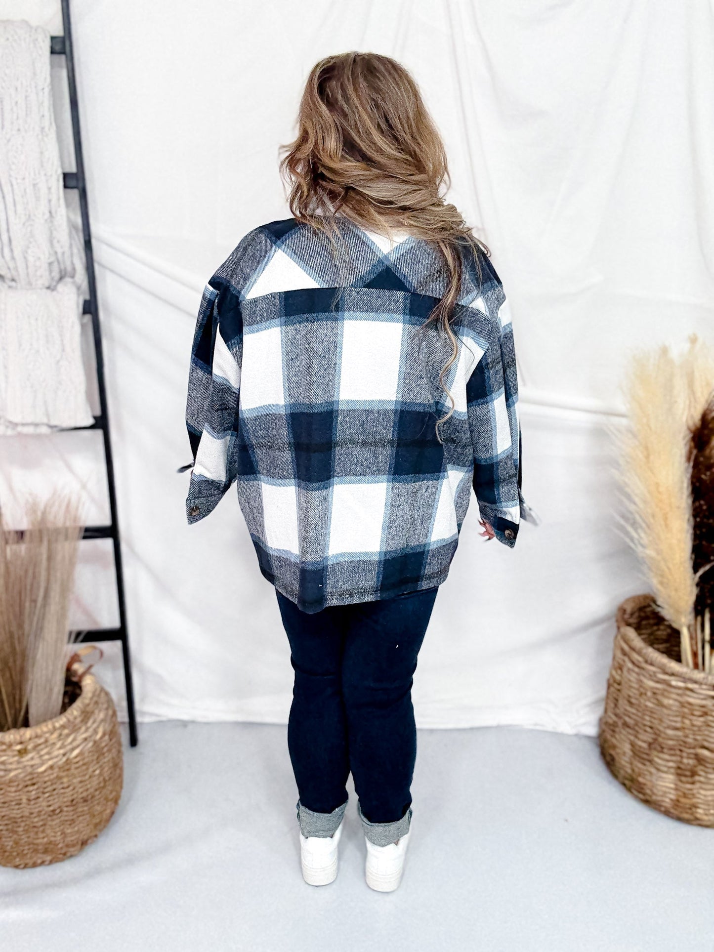 Fuzzy Navy Plaid Flannel Shacket - Whiskey Skies - SWEET GENERIS