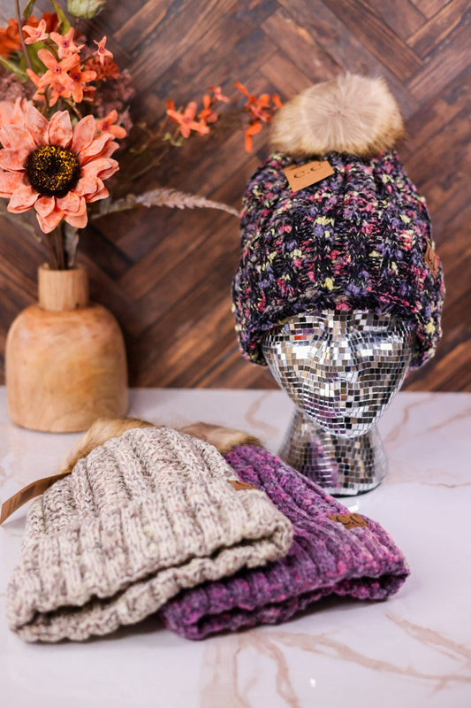 Fuzzy Popcorn Confetti Fur Pom Beanie - Whiskey Skies - C.C. BEANIE