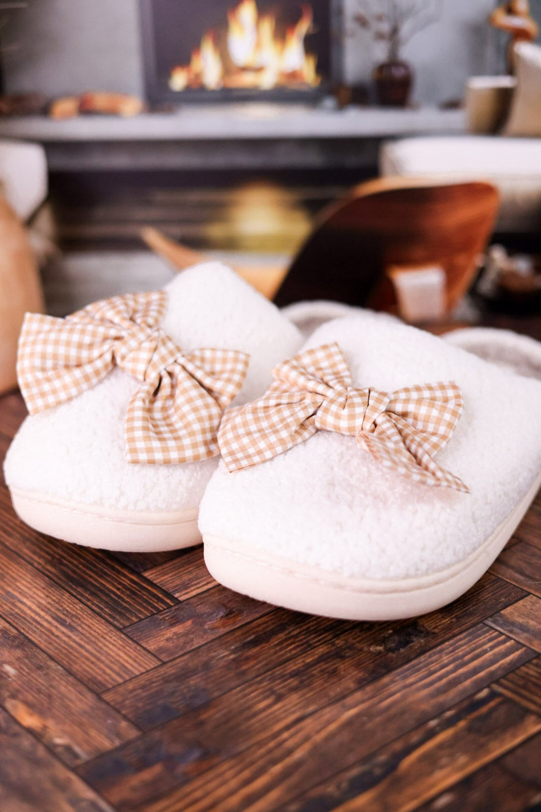 Fuzzy Slippers With Maple Gingham Bow - Whiskey Skies - THE DARLING EFFECT