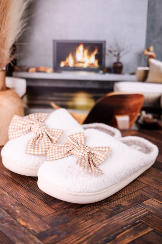 Fuzzy Slippers With Maple Gingham Bow - Whiskey Skies - THE DARLING EFFECT