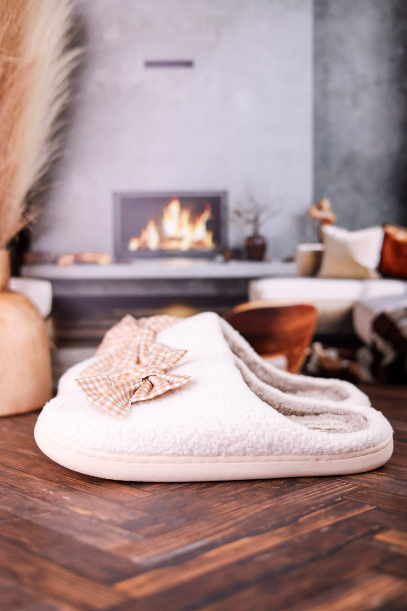 Fuzzy Slippers With Maple Gingham Bow - Whiskey Skies - THE DARLING EFFECT