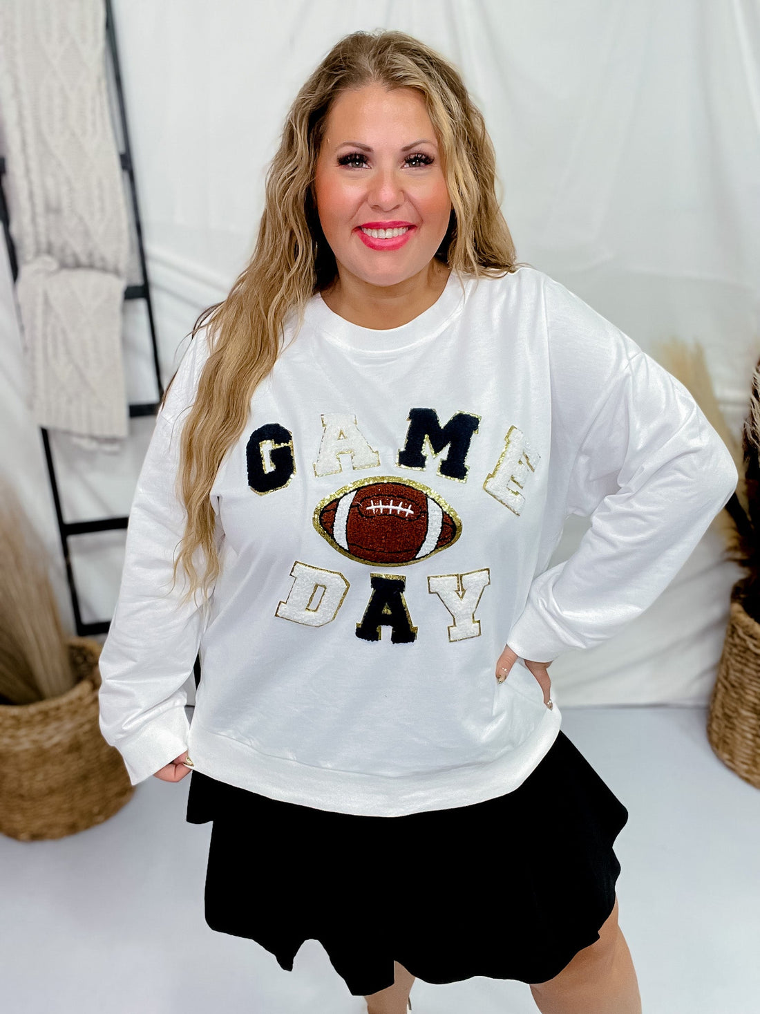 Game Day Letter Patch Long Sleeve Sweatshirt - Whiskey Skies - BIBI