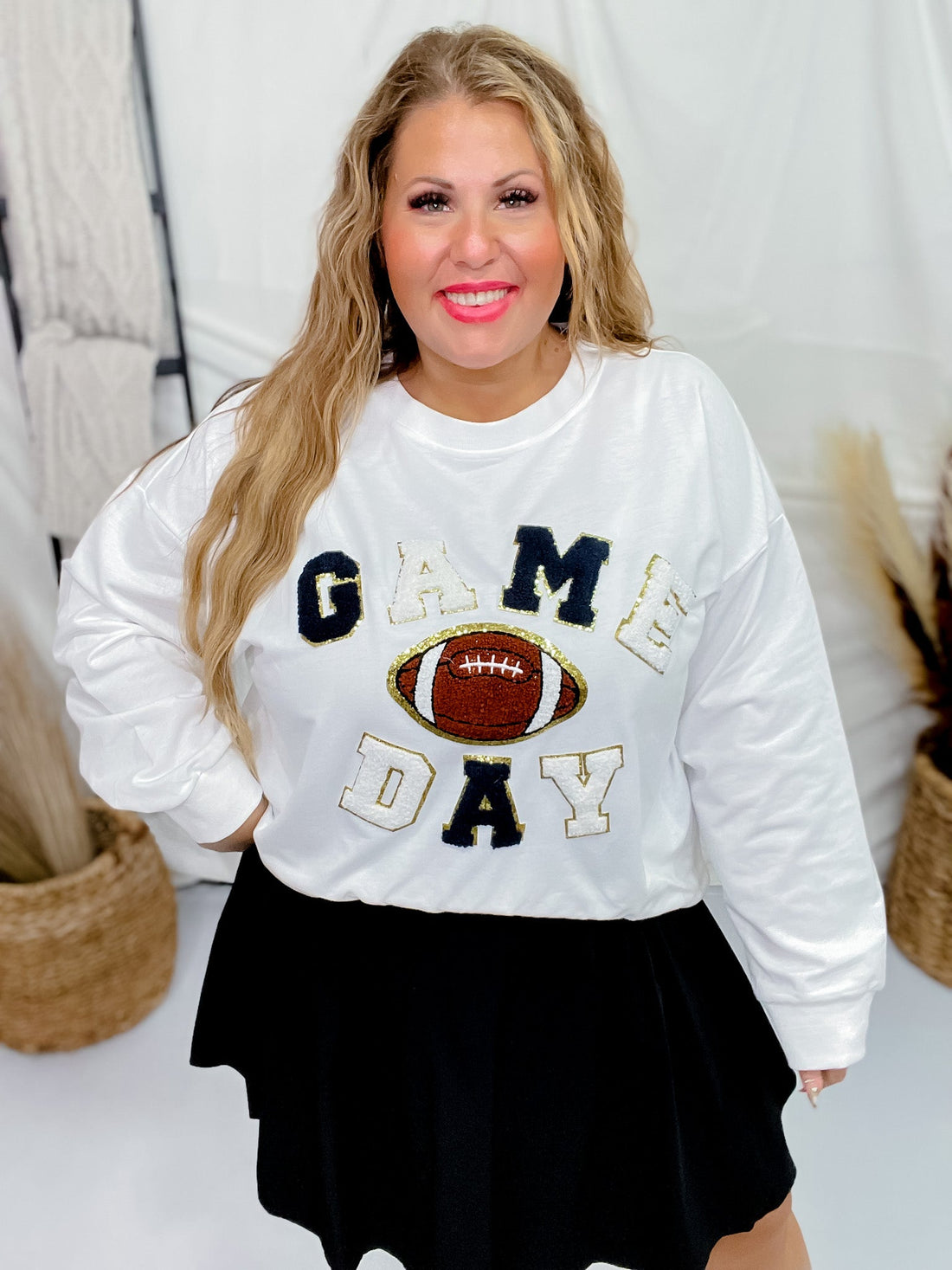 Game Day Letter Patch Long Sleeve Sweatshirt - Whiskey Skies - BIBI