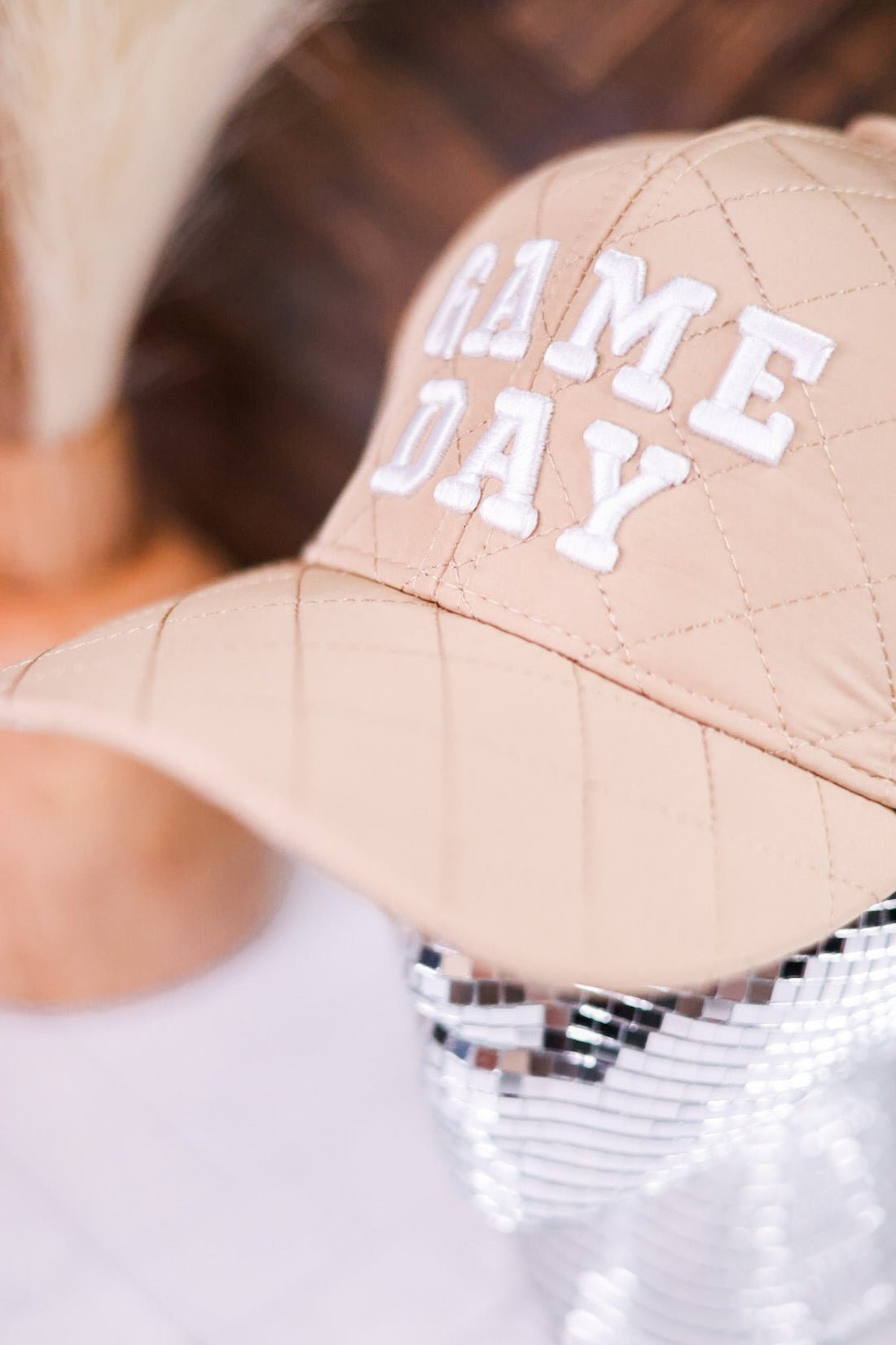 "Game Day" Tan Quilted Baseball Hat - Whiskey Skies - SHIRALEAH