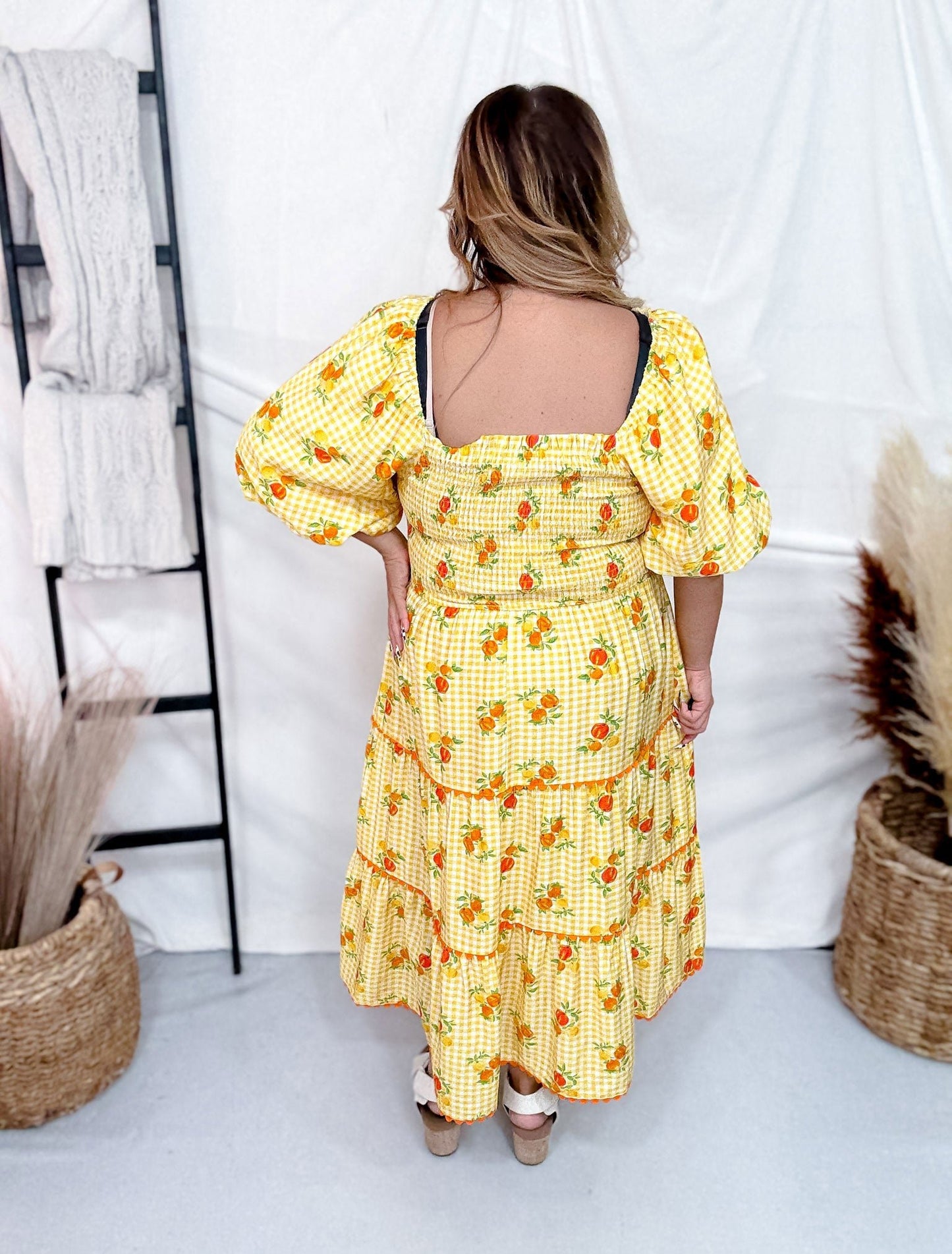 Garden Party Midi Dress With Smocked Top And Bubble Sleeves - Whiskey Skies - ODDI