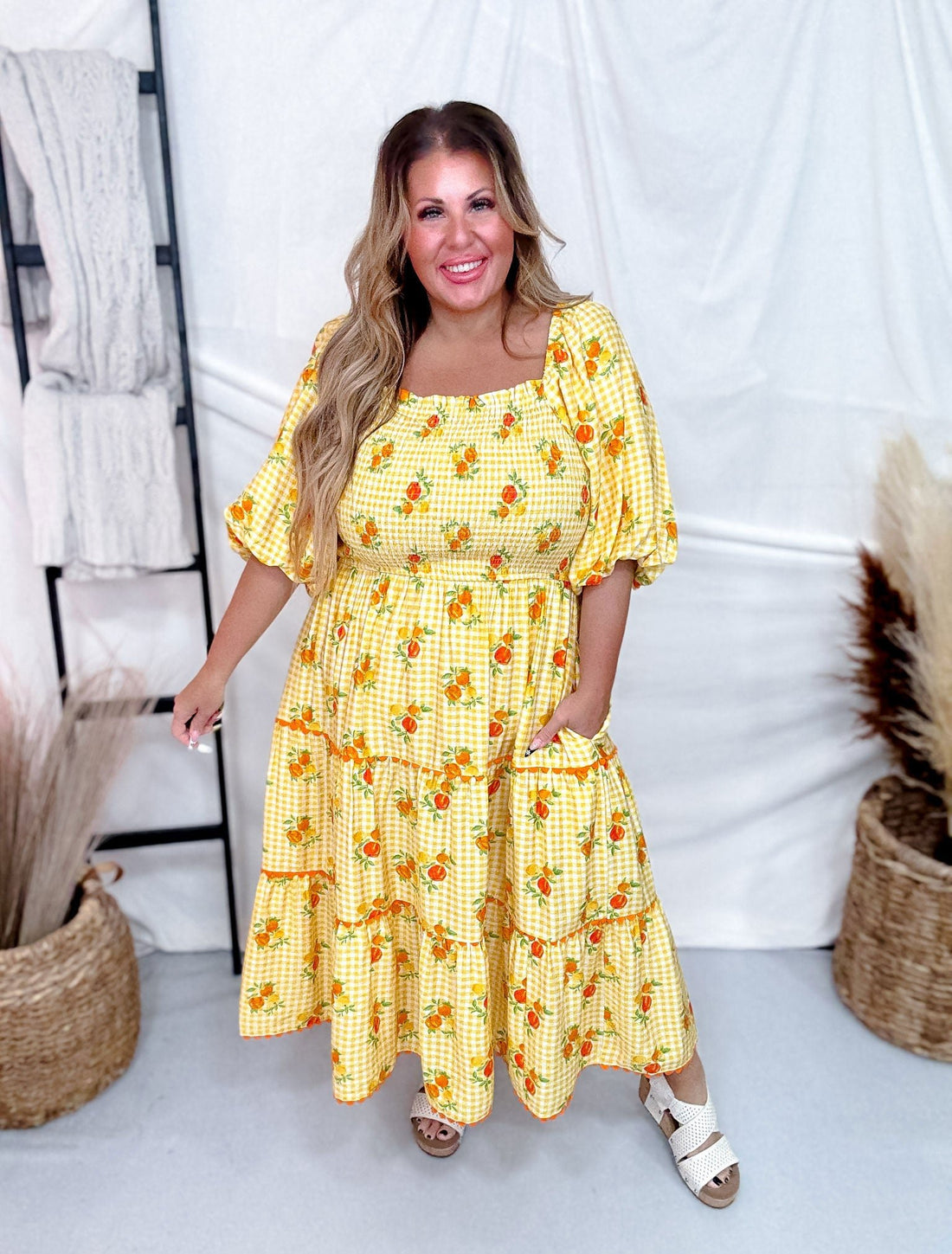 Garden Party Midi Dress With Smocked Top And Bubble Sleeves - Whiskey Skies - ODDI