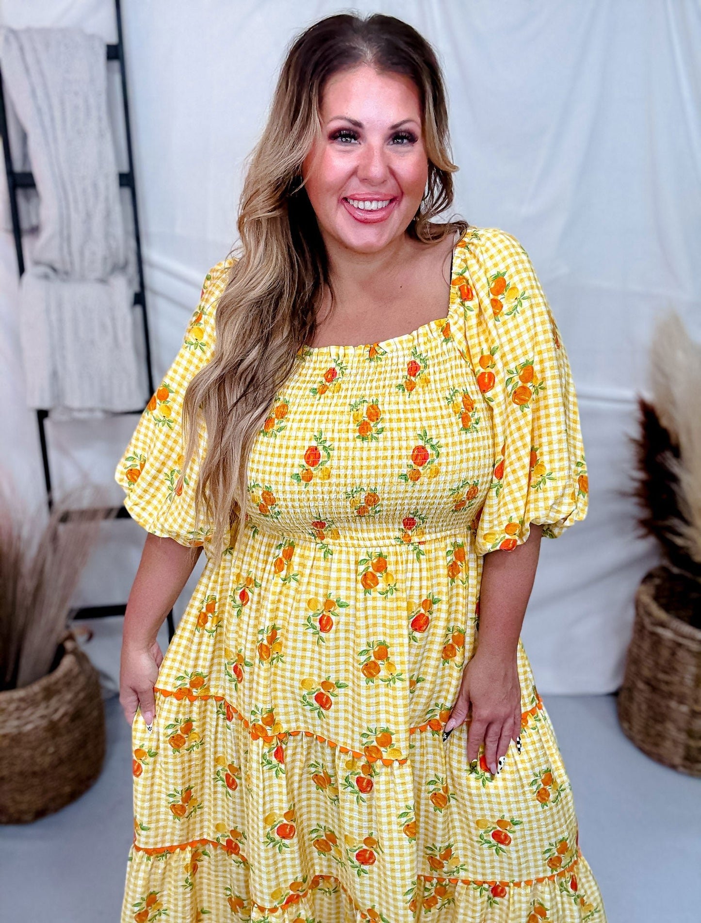 Garden Party Midi Dress With Smocked Top And Bubble Sleeves - Whiskey Skies - ODDI