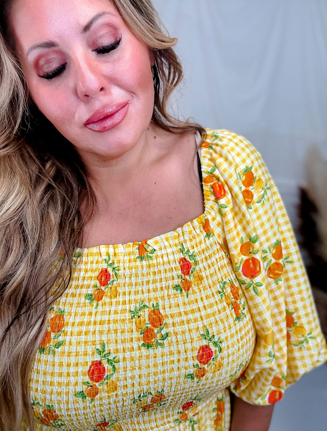 Garden Party Midi Dress With Smocked Top And Bubble Sleeves - Whiskey Skies - ODDI