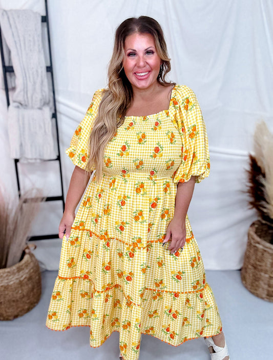 Garden Party Midi Dress With Smocked Top And Bubble Sleeves - Whiskey Skies - ODDI