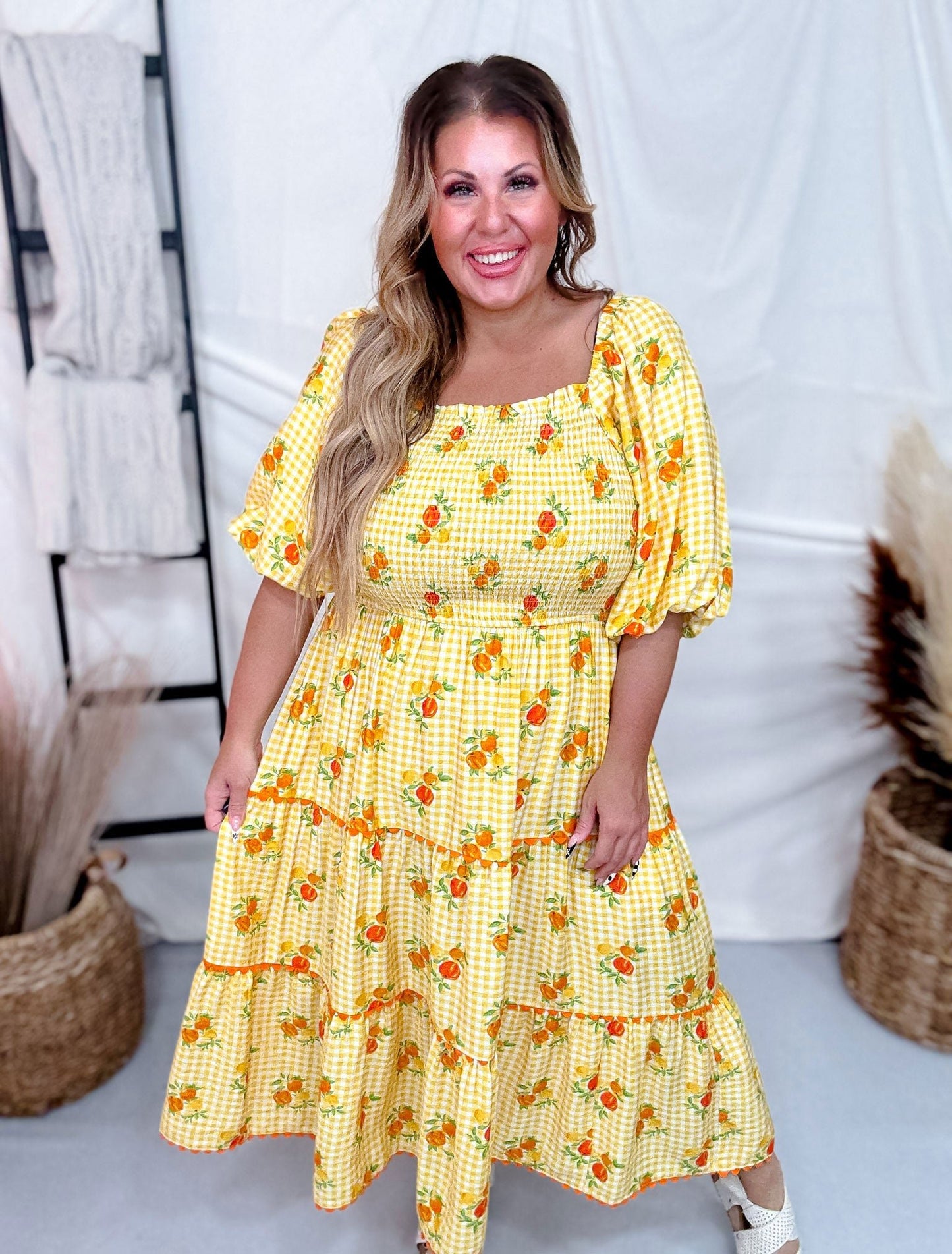 Garden Party Midi Dress With Smocked Top And Bubble Sleeves - Whiskey Skies - ODDI