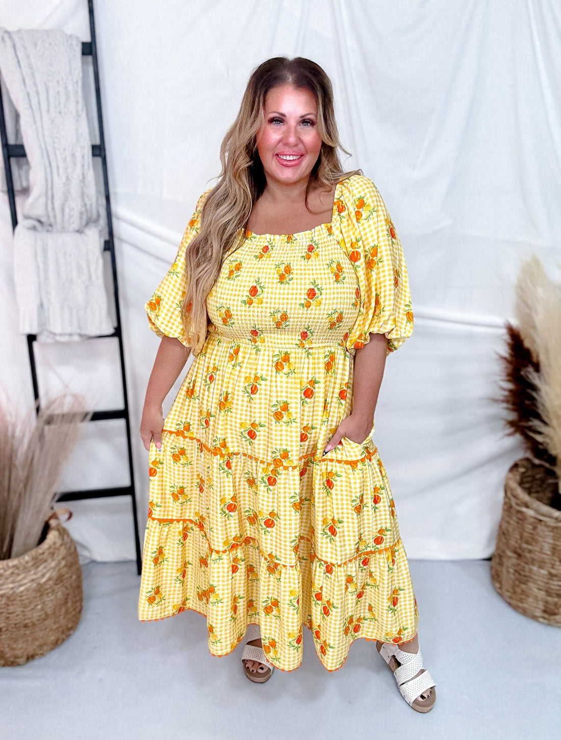 Garden Party Midi Dress With Smocked Top And Bubble Sleeves - Whiskey Skies - ODDI