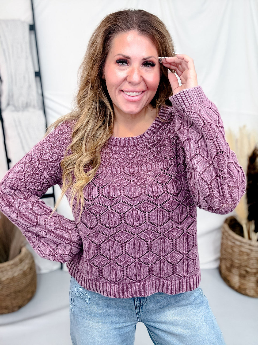 Geometric Knit Crewneck Sweater - Whiskey Skies - SEW IN LOVE