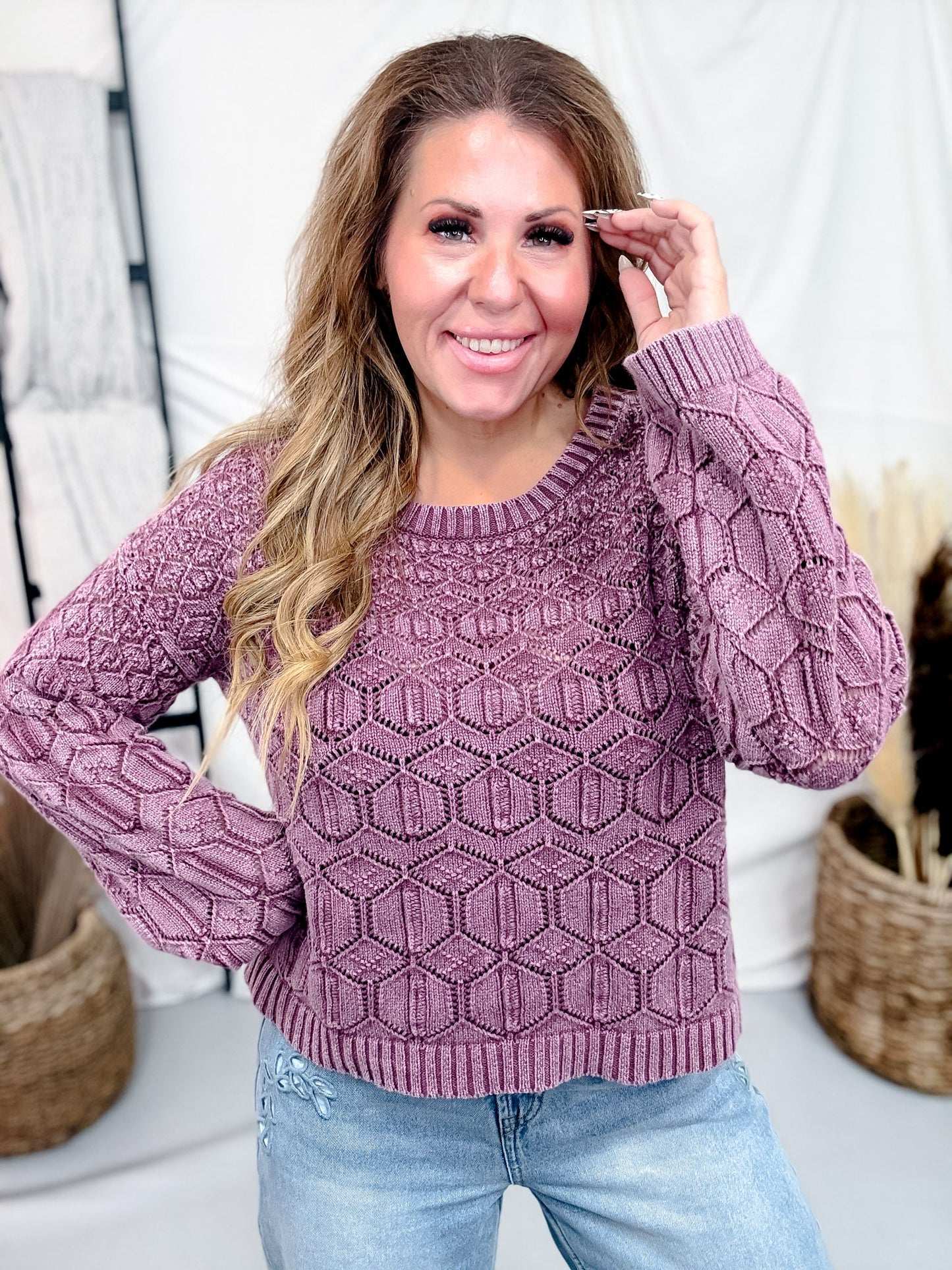 Geometric Knit Crewneck Sweater - Whiskey Skies - SEW IN LOVE