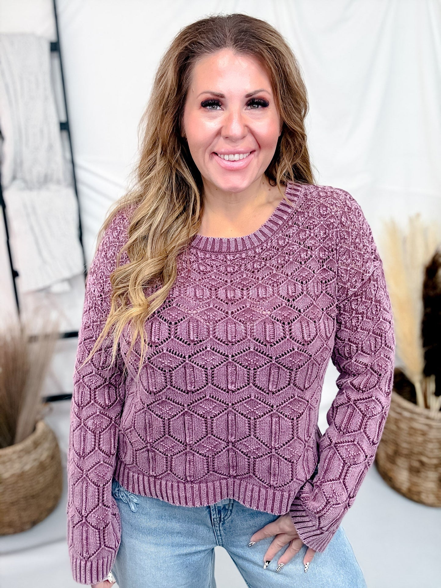Geometric Knit Crewneck Sweater - Whiskey Skies - SEW IN LOVE
