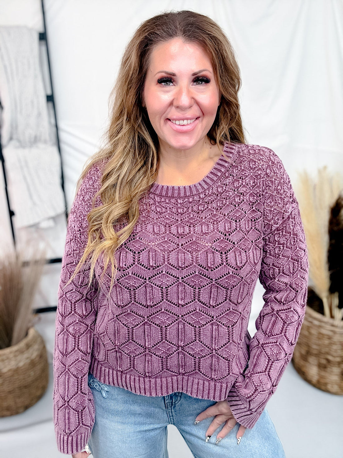 Geometric Knit Crewneck Sweater - Whiskey Skies - SEW IN LOVE