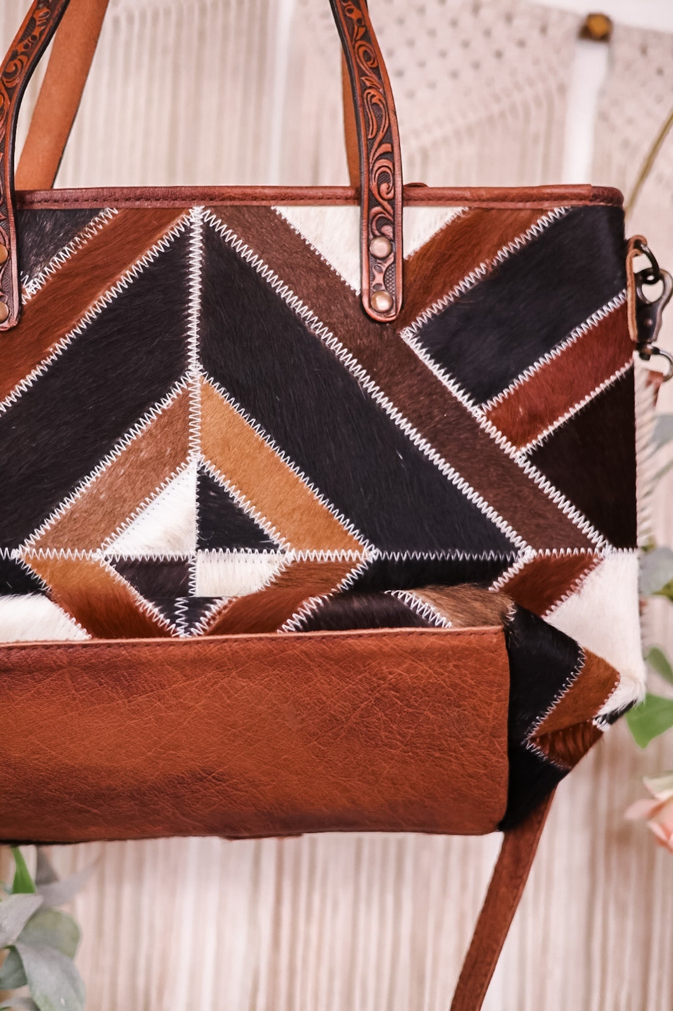 Geometric Patterned Leather and Cowhide Tote Bag - Whiskey Skies - AMERICAN DARLING