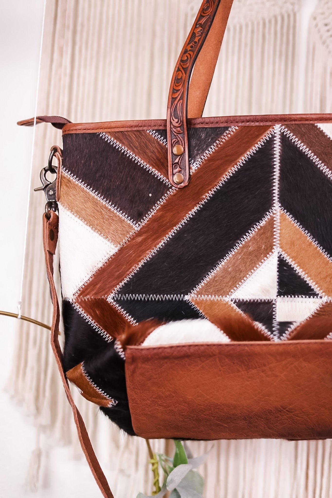 Geometric Patterned Leather and Cowhide Tote Bag - Whiskey Skies - AMERICAN DARLING