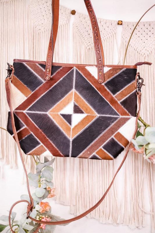 Geometric Patterned Leather and Cowhide Tote Bag - Whiskey Skies - AMERICAN DARLING