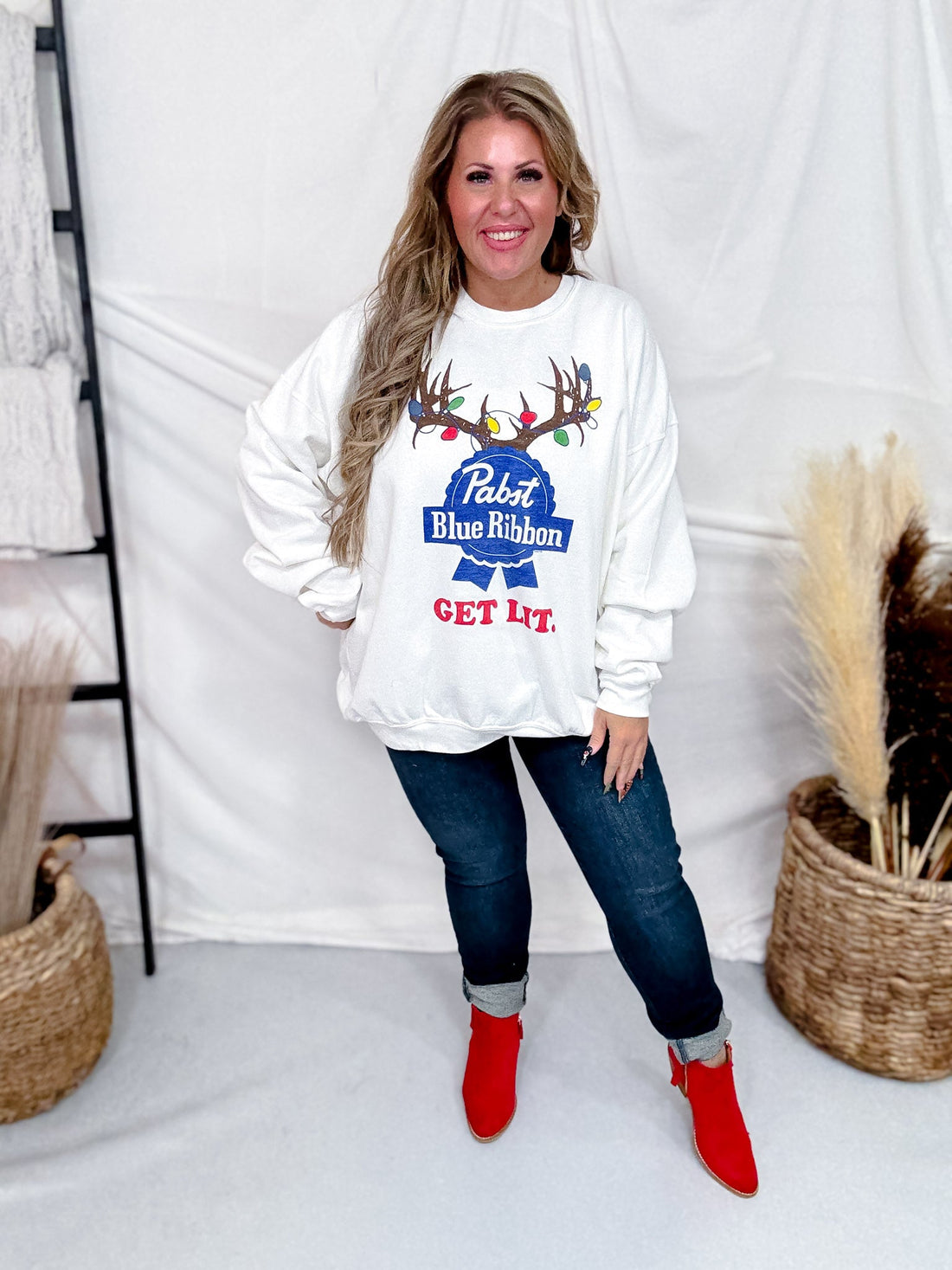 "Get Lit" Holiday Pabst Blue Ribbon Graphic Sweatshirt - Whiskey Skies - HYBRID APPAREL
