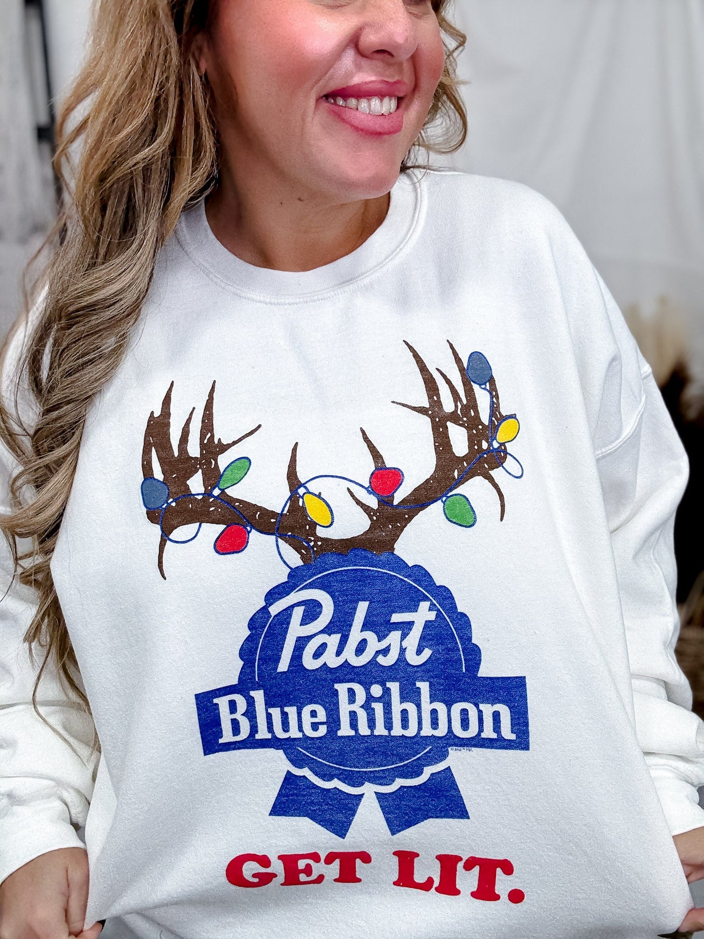 "Get Lit" Holiday Pabst Blue Ribbon Graphic Sweatshirt - Whiskey Skies - HYBRID APPAREL