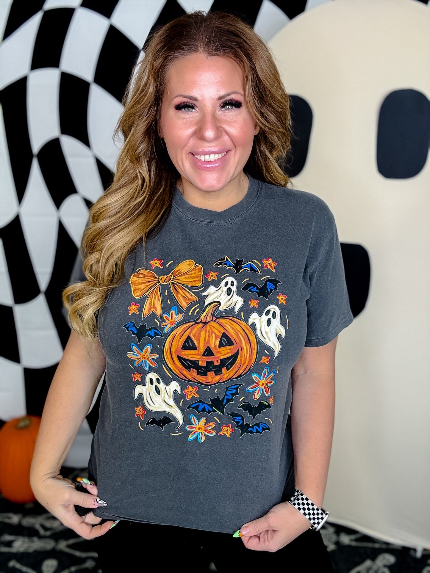 Ghost & Pumpkin Short Sleeve Graphic T-Shirt - Whiskey Skies - FRONT PORCH BOUTIQUE