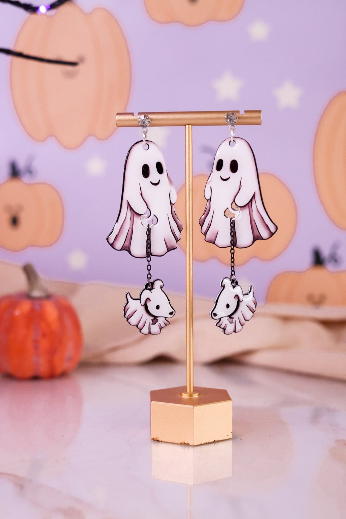Ghost Walking Dog Halloween Dangle Earrings - Whiskey Skies - SEA PIXIE DESIGNS