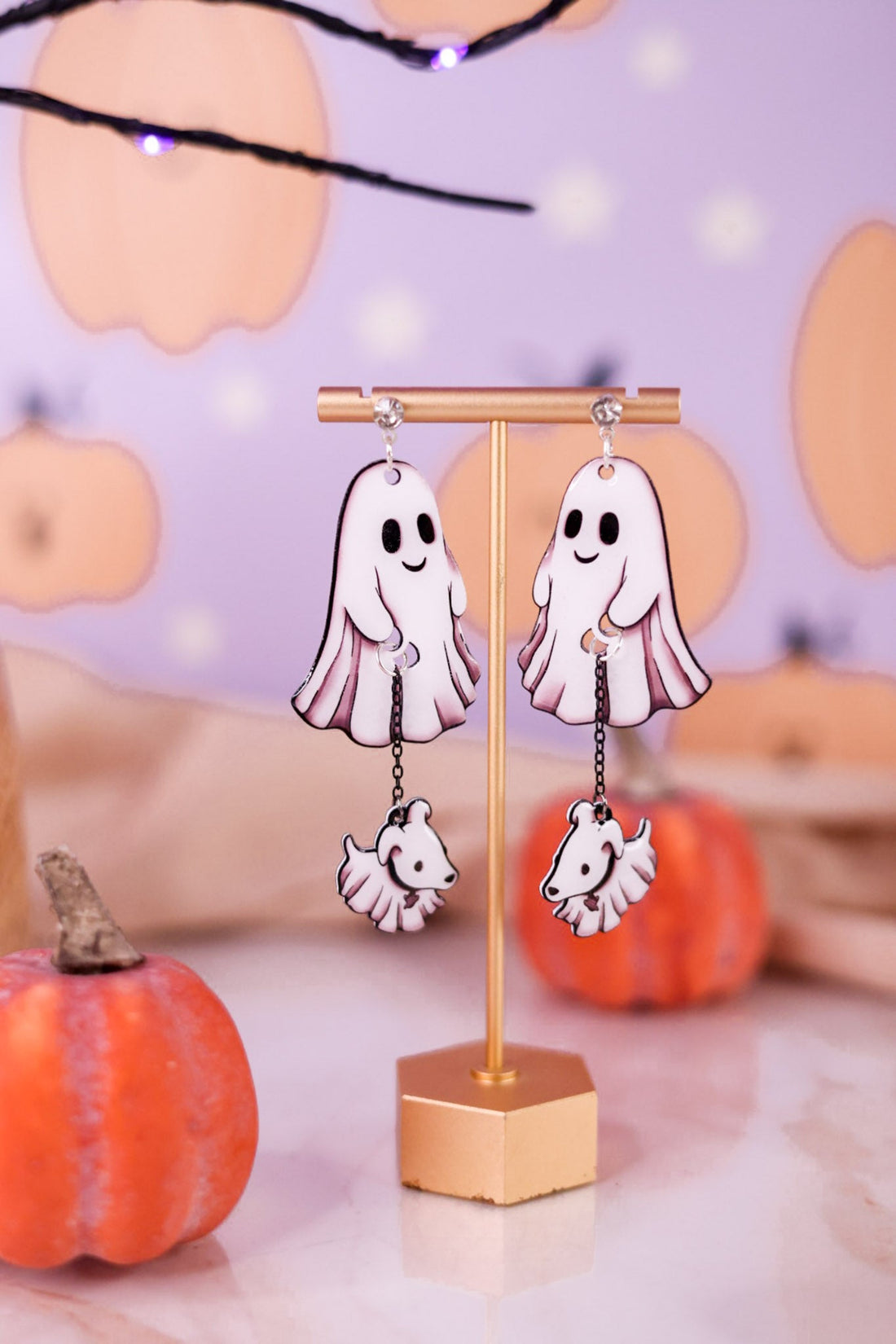Ghost Walking Dog Halloween Dangle Earrings - Whiskey Skies - SEA PIXIE DESIGNS