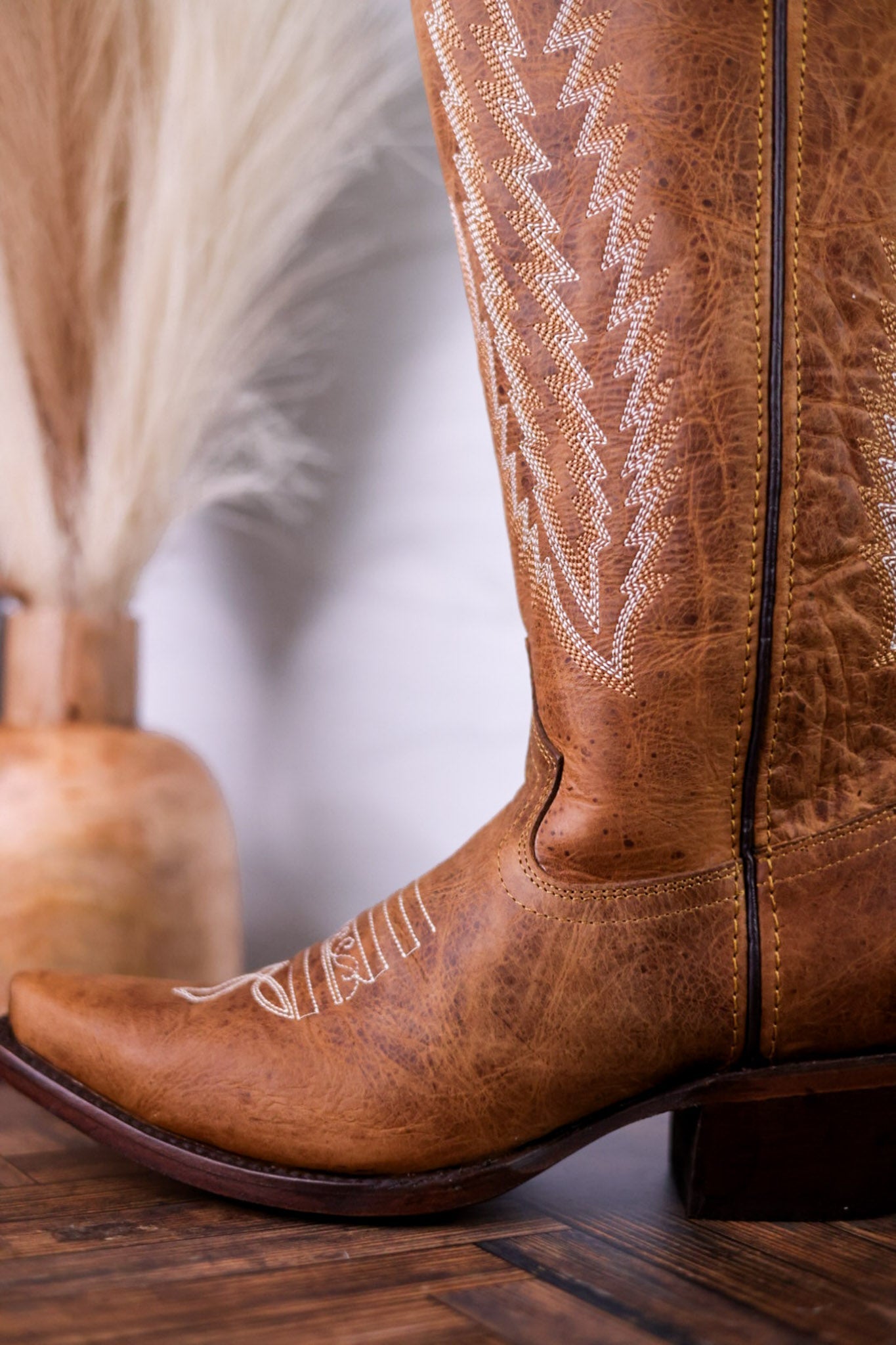 Gia Tall Wide Calf Embroidered Leather Boots In Camel Brown - Whiskey Skies - ROCKEM