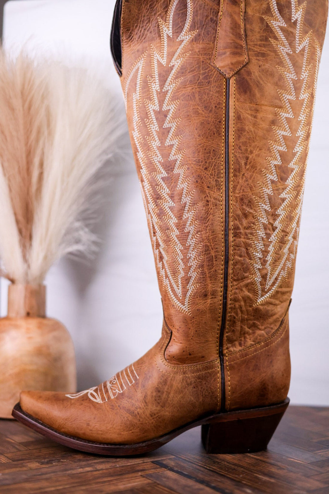 Gia Tall Wide Calf Embroidered Leather Boots In Camel Brown - Whiskey Skies - ROCKEM