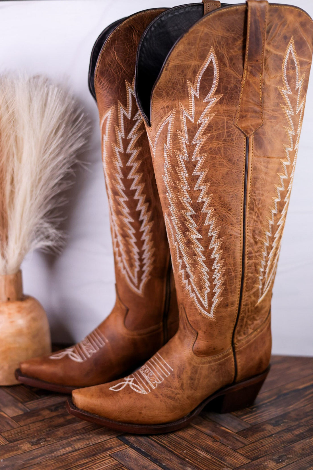 Gia Tall Wide Calf Embroidered Leather Boots In Camel Brown - Whiskey Skies - ROCKEM