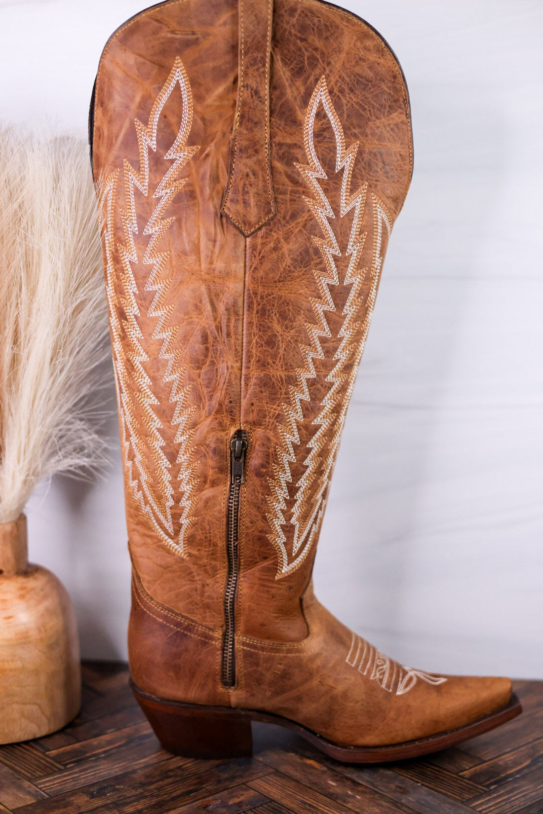 Gia Tall Wide Calf Embroidered Leather Boots In Camel Brown - Whiskey Skies - ROCKEM