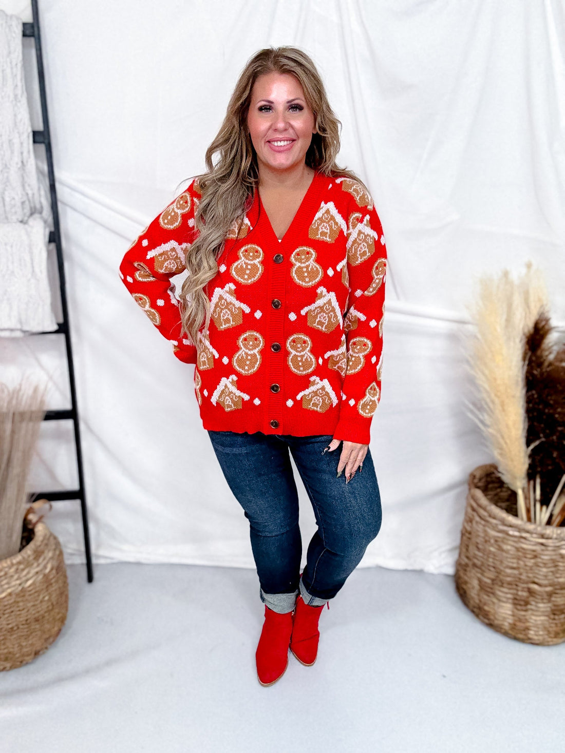 Gingerbread Print Red Button Front Cardigan - Whiskey Skies - DEAR SCARLETT